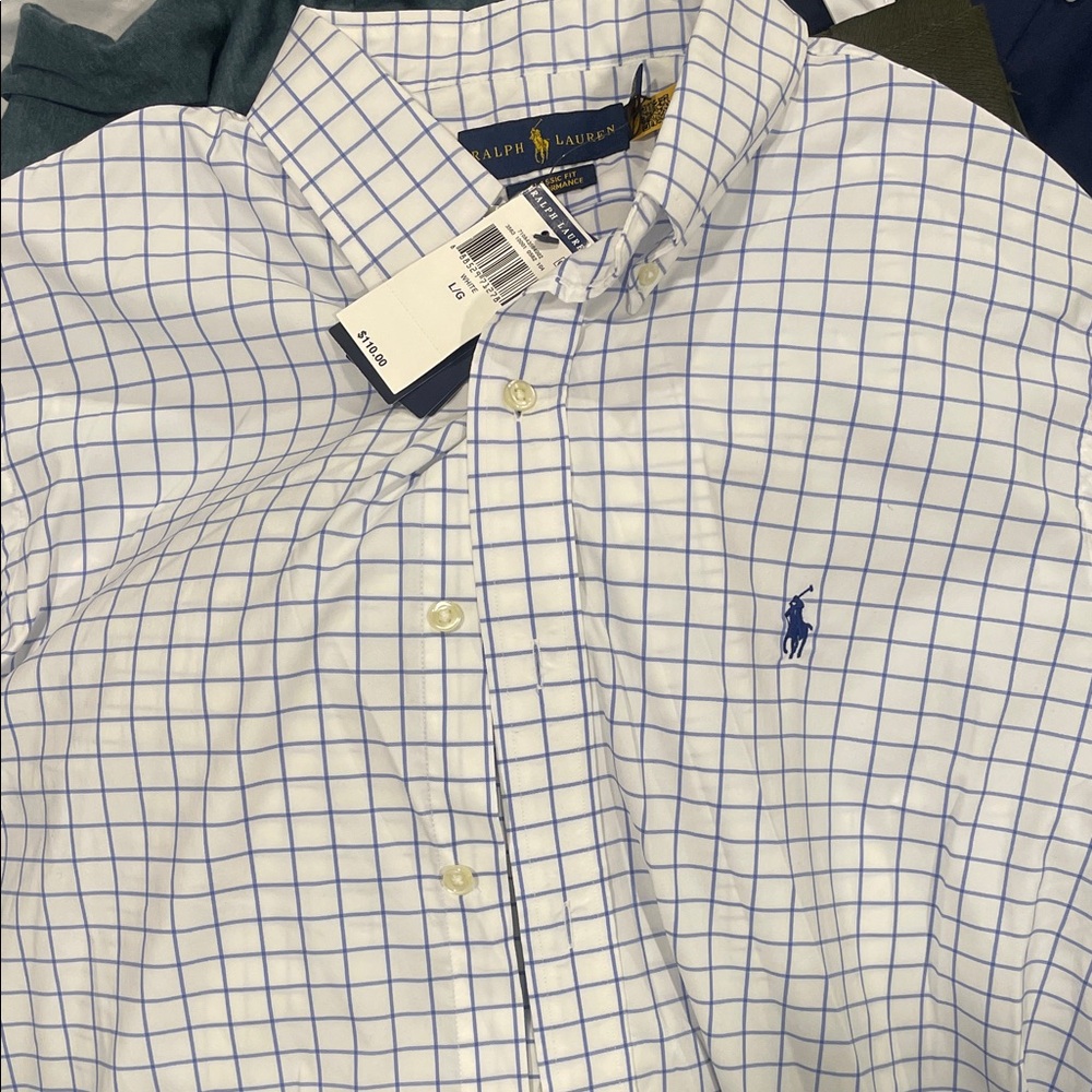 Ralph Lauren Men's White and Blue Grid Shirt